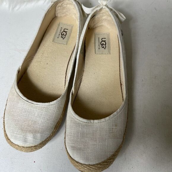 UGG Ivory linen ballet espadrilles flats round toe with lace ribbons bow… - Picture 1 of 12